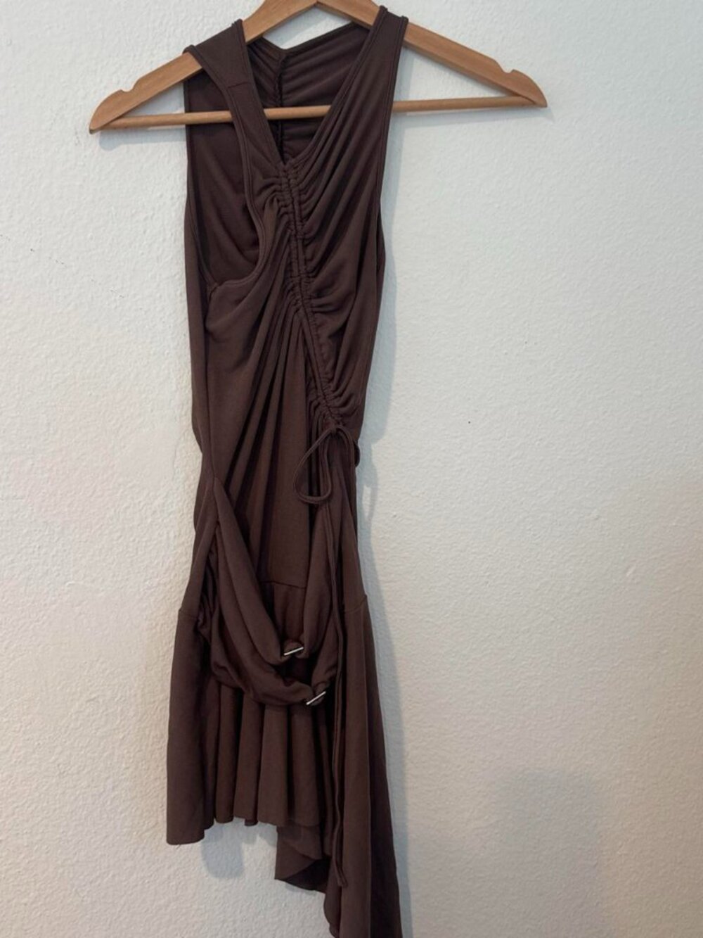 Y2K Brown mini dress with ruched detailing and asymmetrical hem